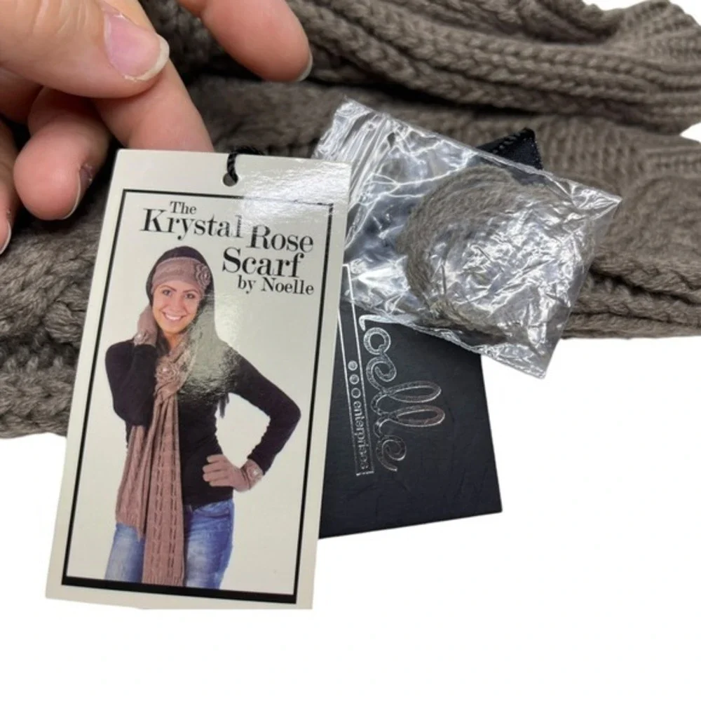 NEW Noelle Taupe Brown Krystal Rose Scarf Cable Knit Rhinestone Flower Coquette
